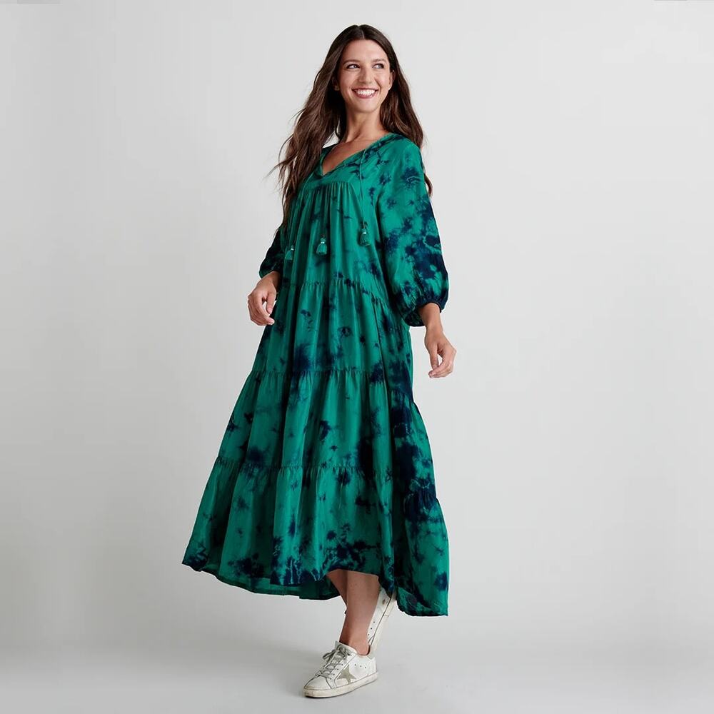 Pink Chicken Dress Indira Tie Dye Silk Maxi Jade Navy Tassel Boho Size XS Kaftan